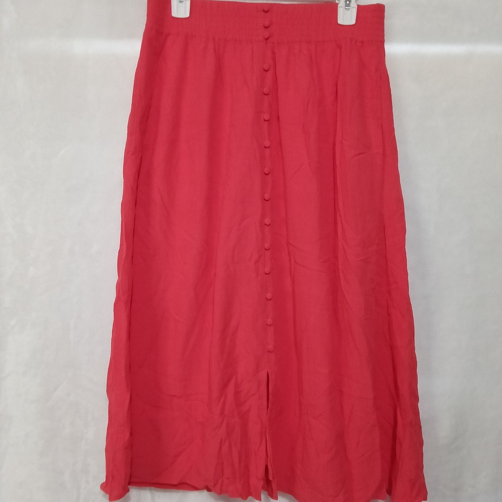 Madewell Coral Red Button Front Smocked Waist Midi Skirt Viscose Cotton Medium